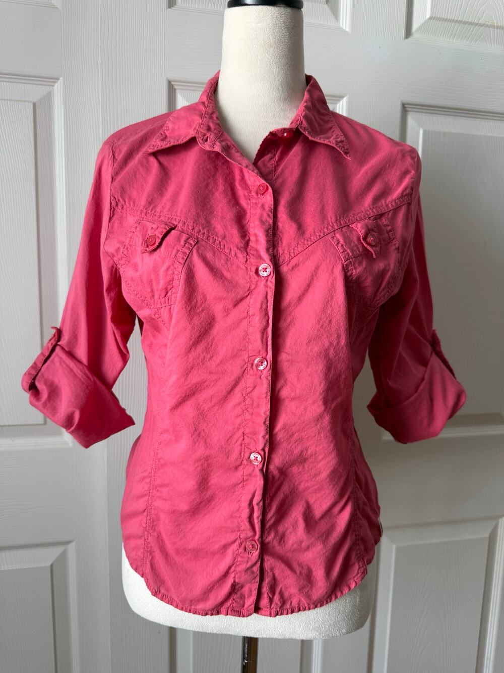 Guess Jeans Y2K Fitted Button Down Shirt Hot Poppy Pink Womens Size Large Barbie